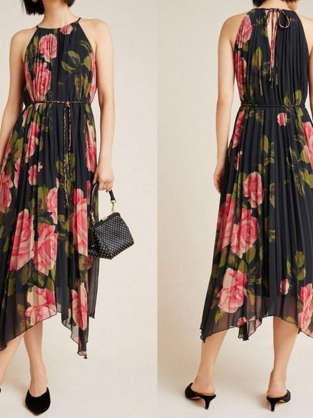 Anthropologie Black Floral Pleated Dress--NWT